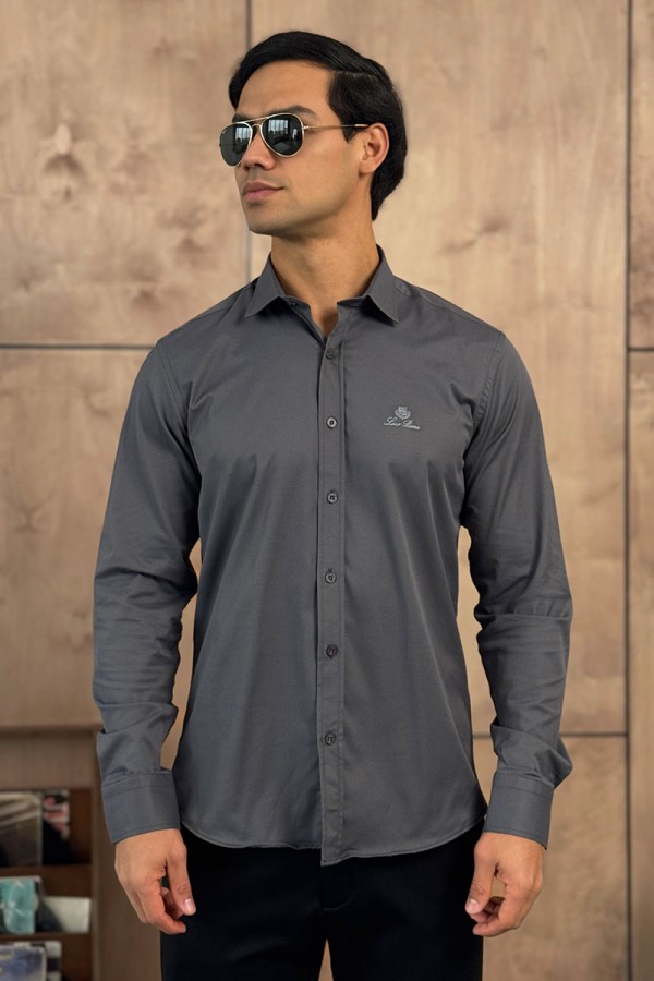 Мужская серая рубашка Loro Piana logo-embroidered