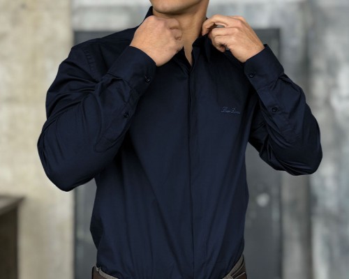 Мужская тёмно-синяя рубашка Loro Piana logo-embroidered