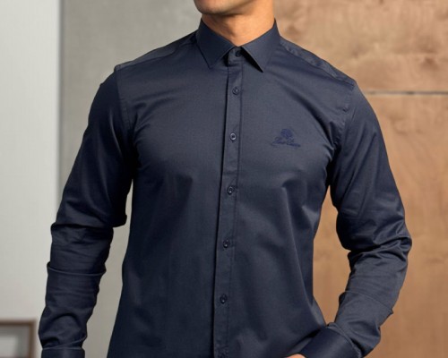 Мужская тёмно-синяя рубашка Loro Piana logo-embroidered