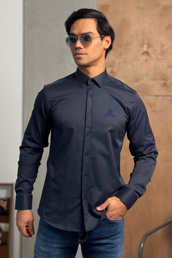 Мужская тёмно-синяя рубашка Loro Piana logo-embroidered